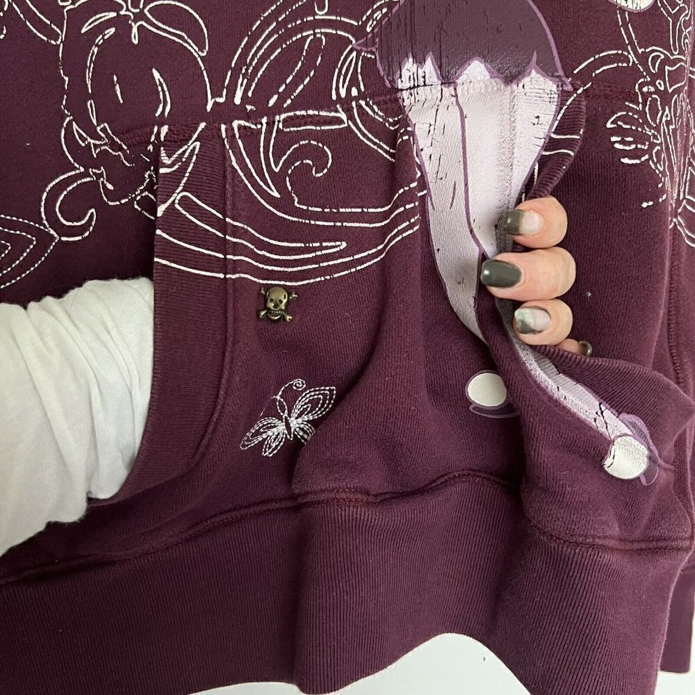 DISNEYLAND Vintage Tinker bell Hoodie Sweatshirt Skulls Embroidered Purple SMALL - Picture 7 of 12